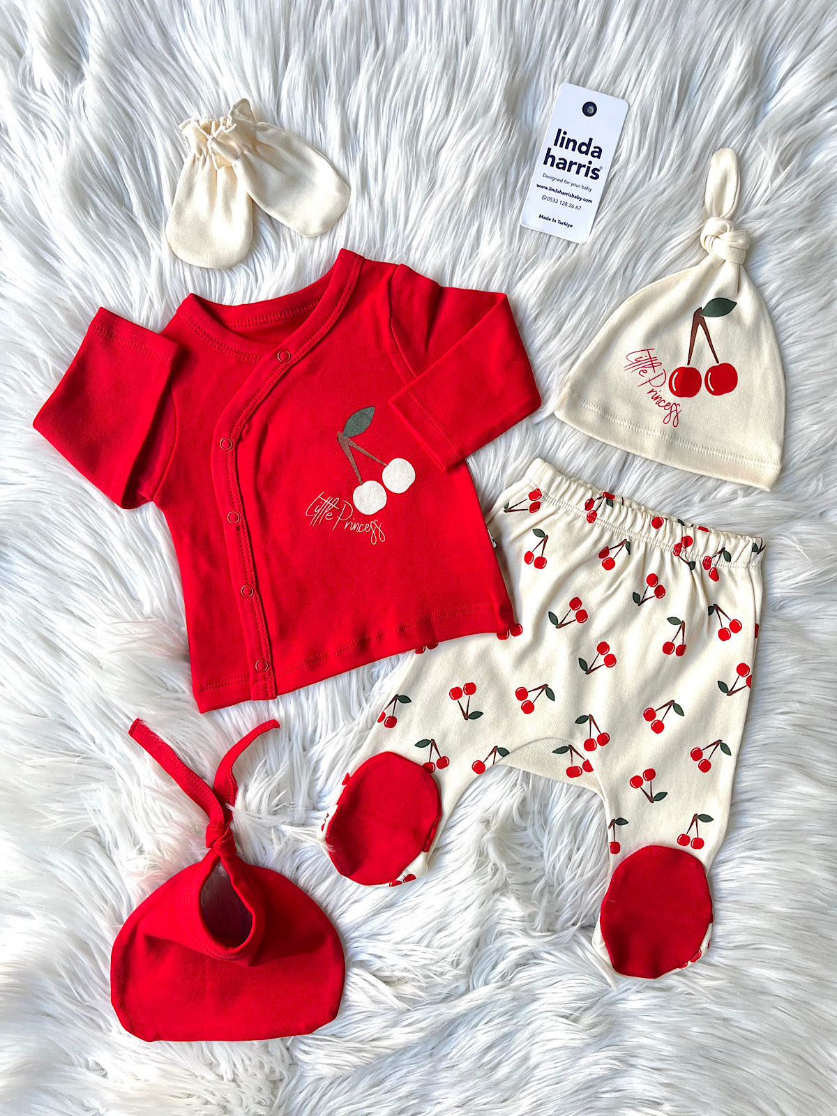 🍒 Kiraz Desenli Kırmızı 5’li Yenidoğan Seti