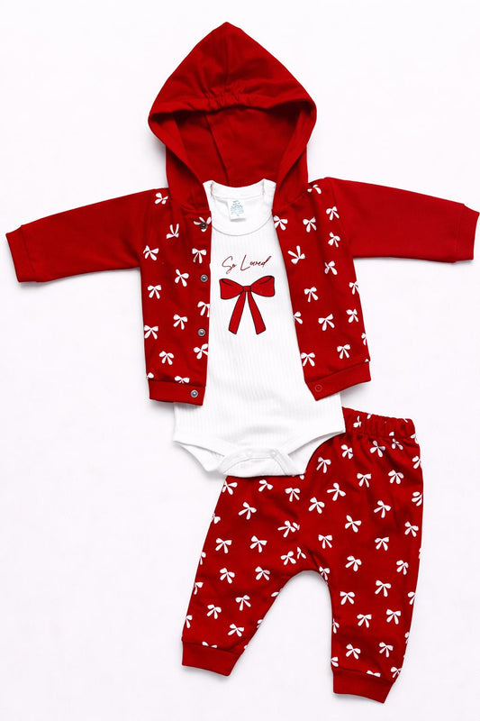 So Loved Bow Print 3-Piece Hooded Baby Outfit Set - Red