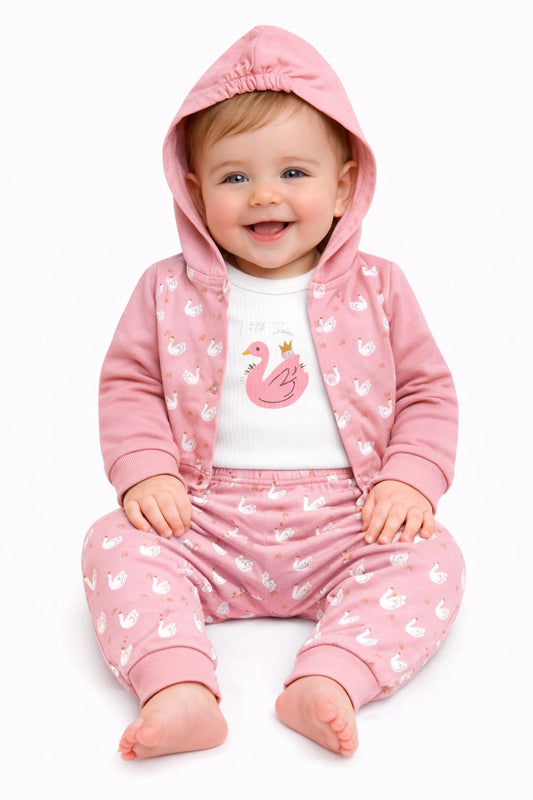 Little Swan Powder Pink 3-Piece Hooded Baby Outfit Set