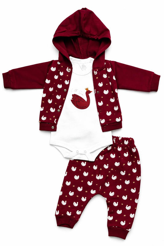 Little Swan 3-Piece Hooded Baby Outfit Set - Burgundy
