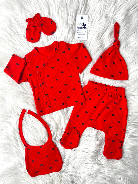 ❤️Kırmızı Kalp Desenli 5’li Yenidoğan Seti