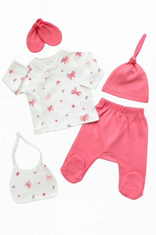 🎀 Pink Bow Newborn Set for Baby Girl – 5 Pieces