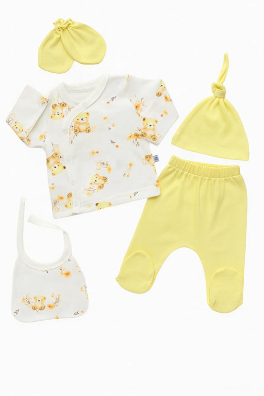 🧸 Yellow Teddy Bear Newborn Set – 5 Pieces