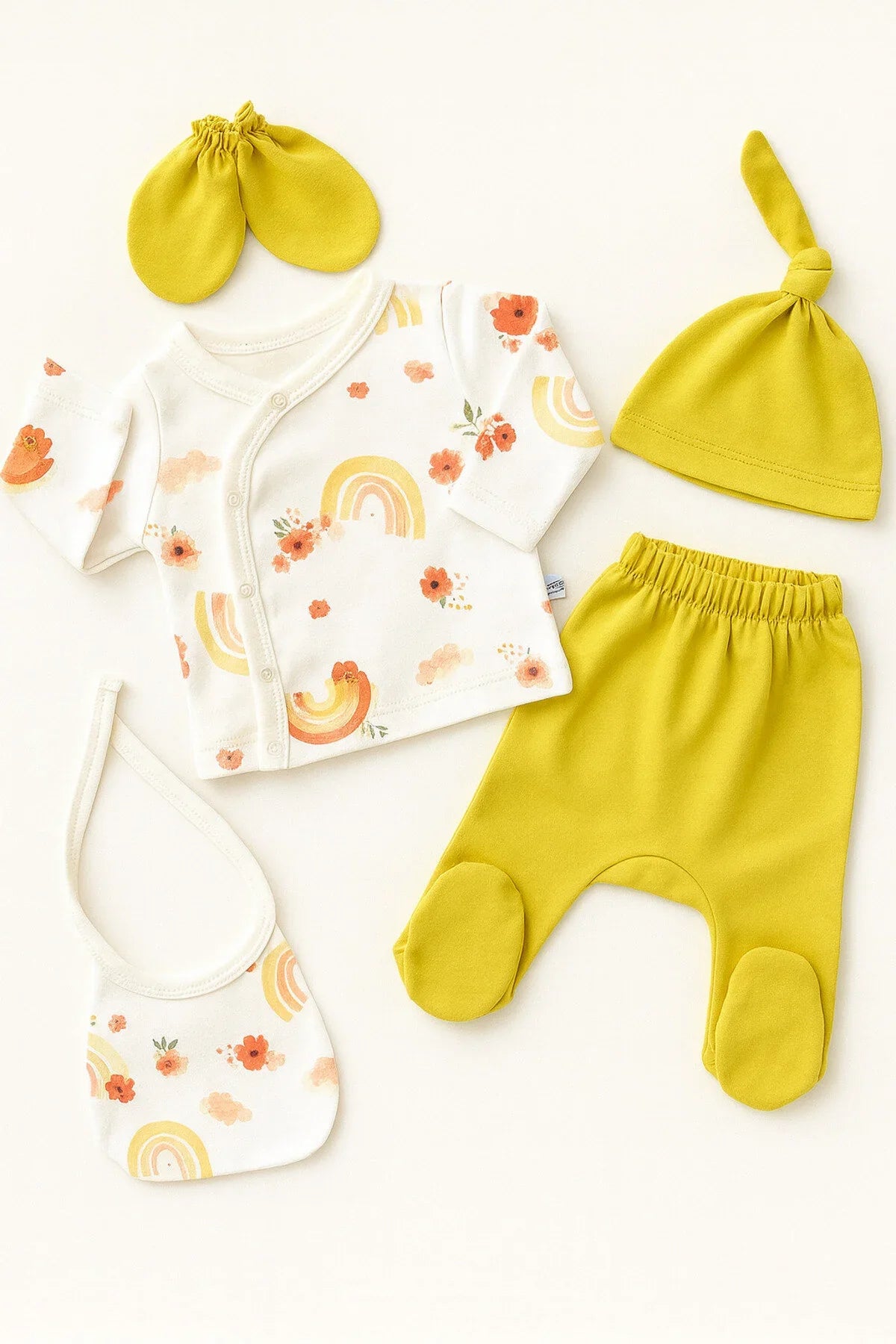 🌈🌼 Mustard Yellow Rainbow & Floral Newborn Set – 5 Pieces