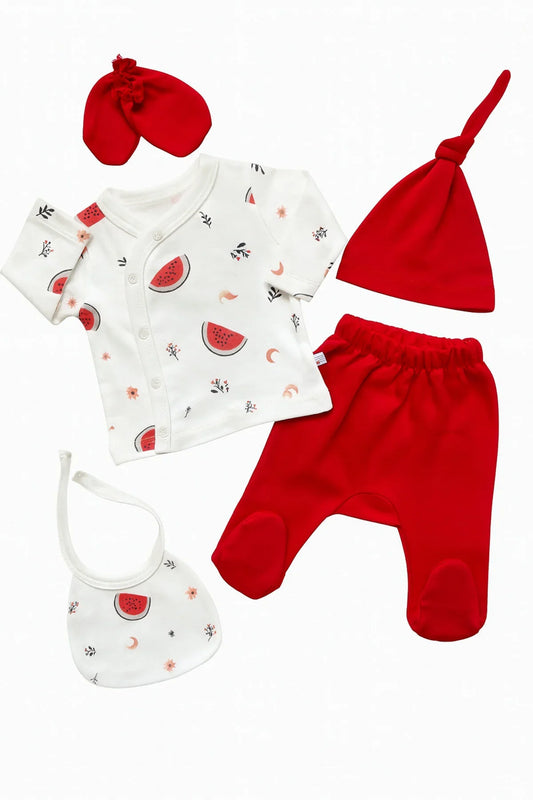 🍉 Red Watermelon Newborn Set – 5 Pieces