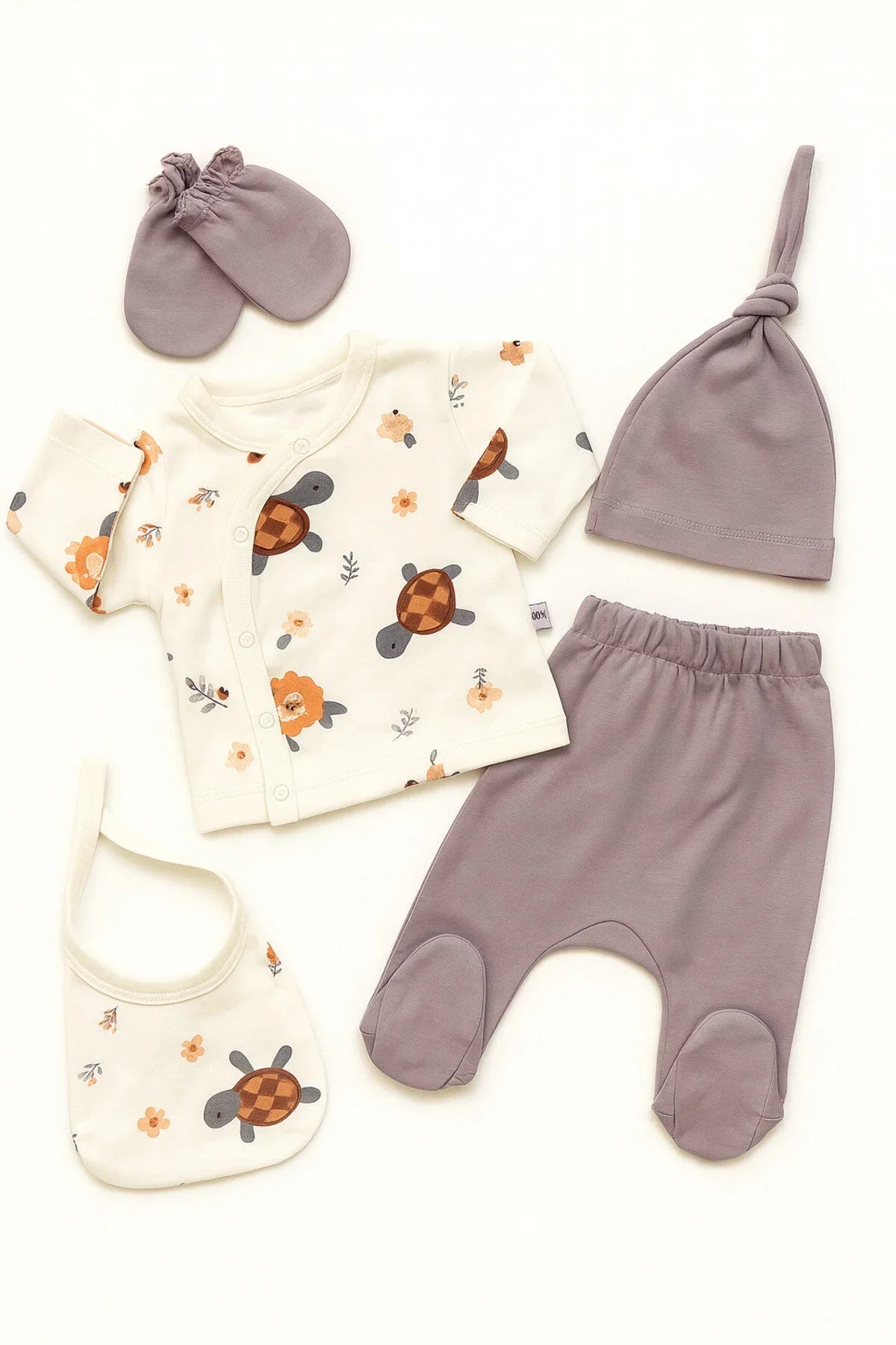 🐢 Soft Grey Turtle Newborn Set – 5 Pieces