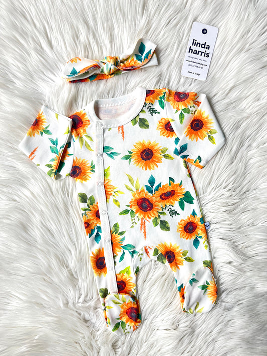 🌻 Ay Çiçeği Desenli Tulum & Saç Bandı Seti