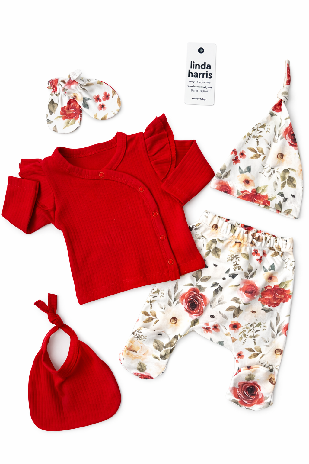 🌺 Baby Girl Newborn Set – Red & Floral (5 Pieces)