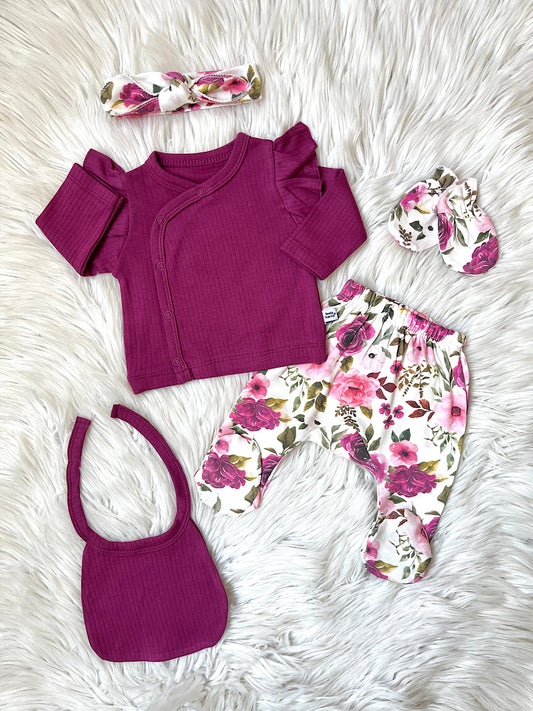 🌸 Mürdüm Gül Desenli 5’li Yenidoğan Seti