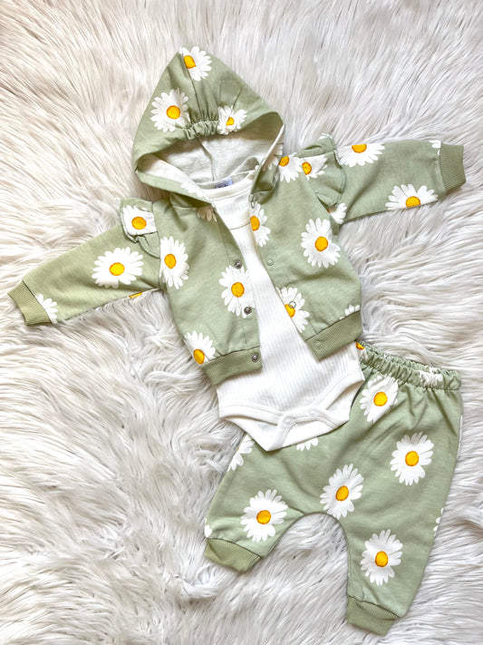 🌼 Papatya Desenli Kapüşonlu 3’lü Takım – Sweatshirt + Body + Pantolon
