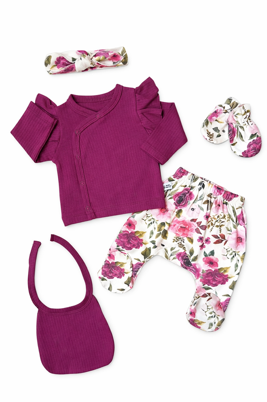 🌸 Floral Baby Girl Newborn Set – 5 Pieces