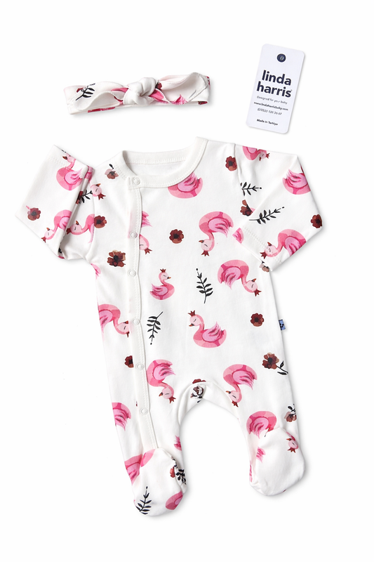 🦢 Baby Girl Newborn Pajamas – Swan Pattern with Headband