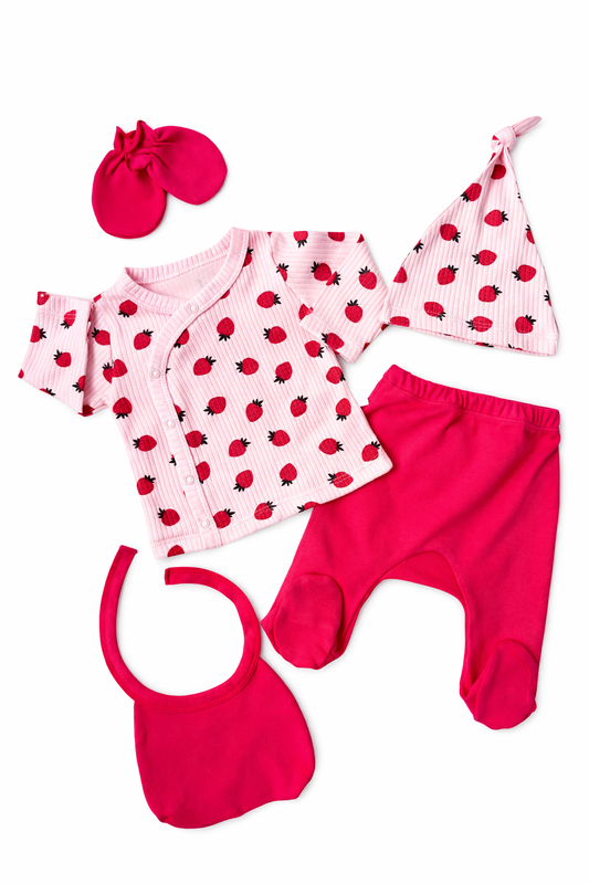 🍓 Pink Strawberry Newborn Set for Baby Girl – 5 Pieces