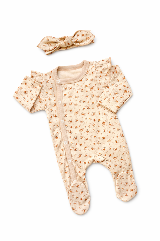 🌼 Newborn Baby Girl Pajamas with Beige Floral Print & Headband