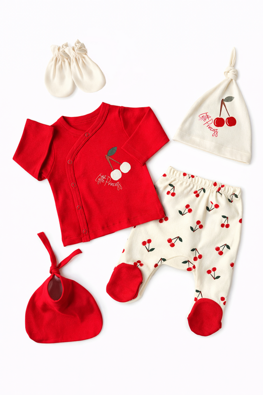 🍒 5-Piece Baby Newborn Set – Cherry Theme