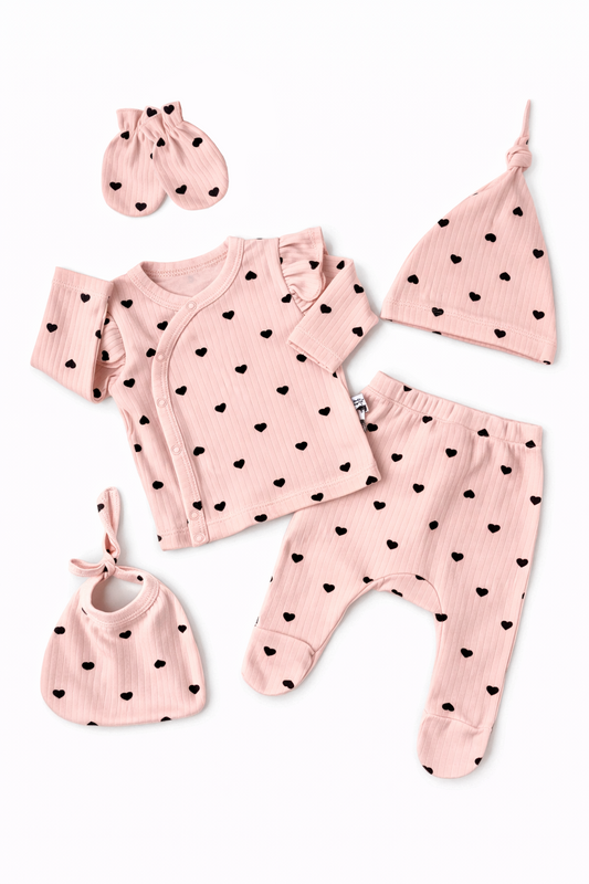 💕 5-Piece Powder Pink Hearts Newborn Set