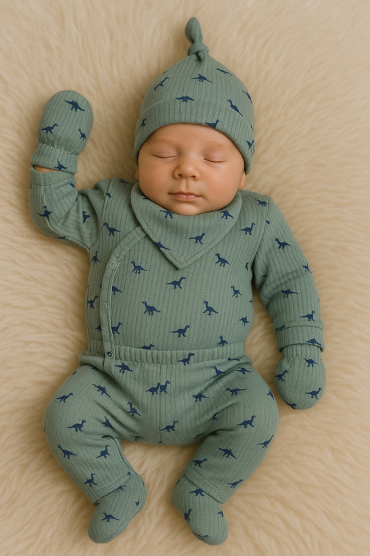 🦖 Dino Explorer 5-Piece Baby Set – Soft Ribbed Cotton
