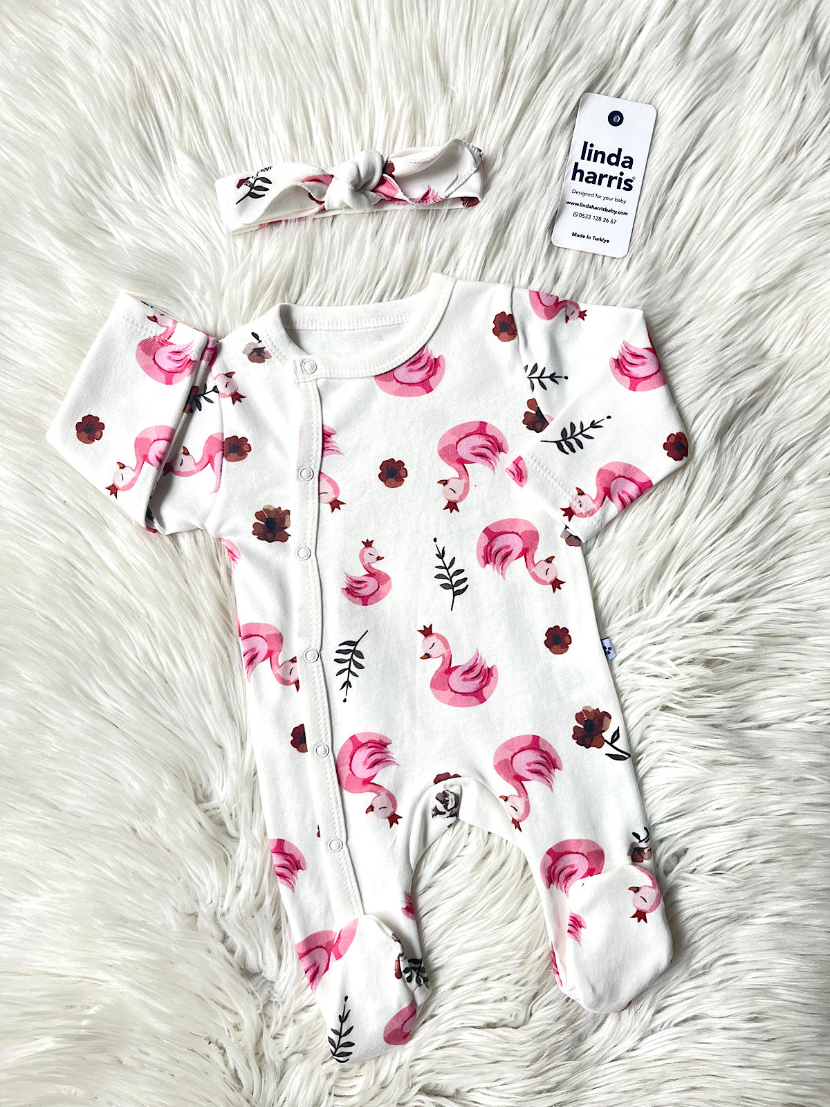 🦢 Pembe Kuğu Desenli Tulum & Saç Bandı Seti