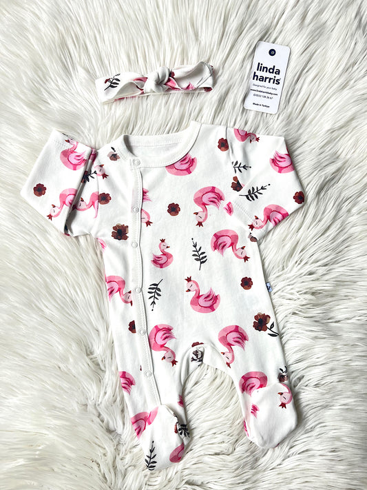 🦢 Pembe Kuğu Desenli Tulum & Saç Bandı Seti