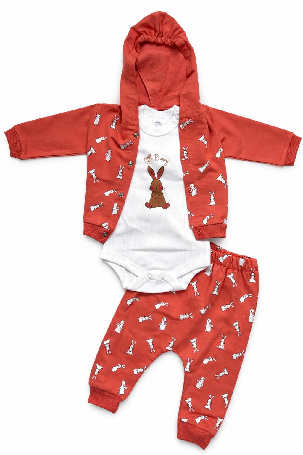 Little Bunny Coral 3-Piece Hooded Baby Outfit Set