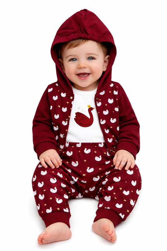 Little Swan 3-Piece Hooded Baby Outfit Set - Burgundy