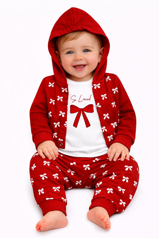 So Loved Bow Print 3-Piece Hooded Baby Outfit Set - Red