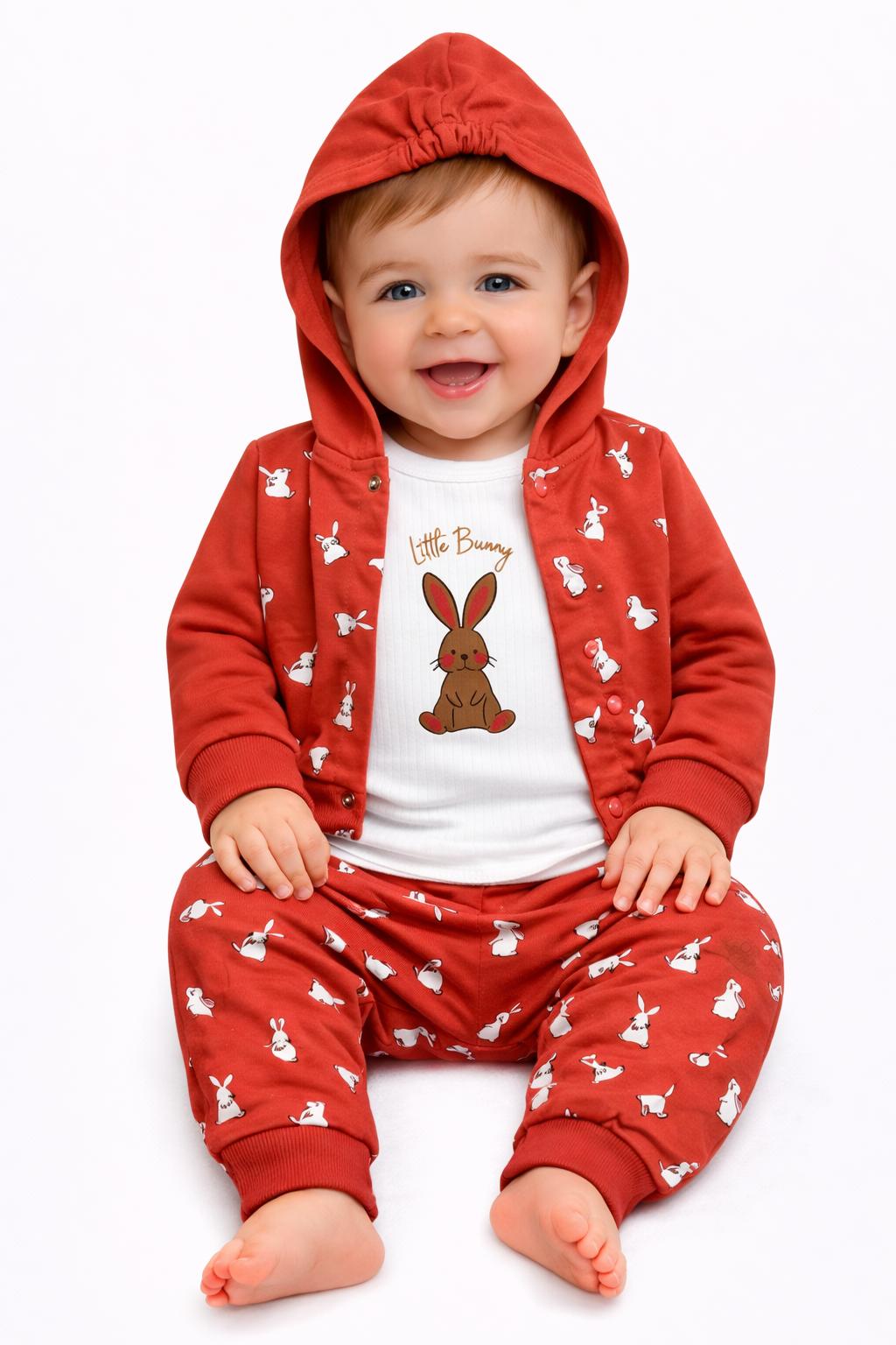 Little Bunny Coral 3-Piece Hooded Baby Outfit Set