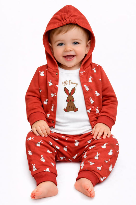 Little Bunny Coral 3-Piece Hooded Baby Outfit Set