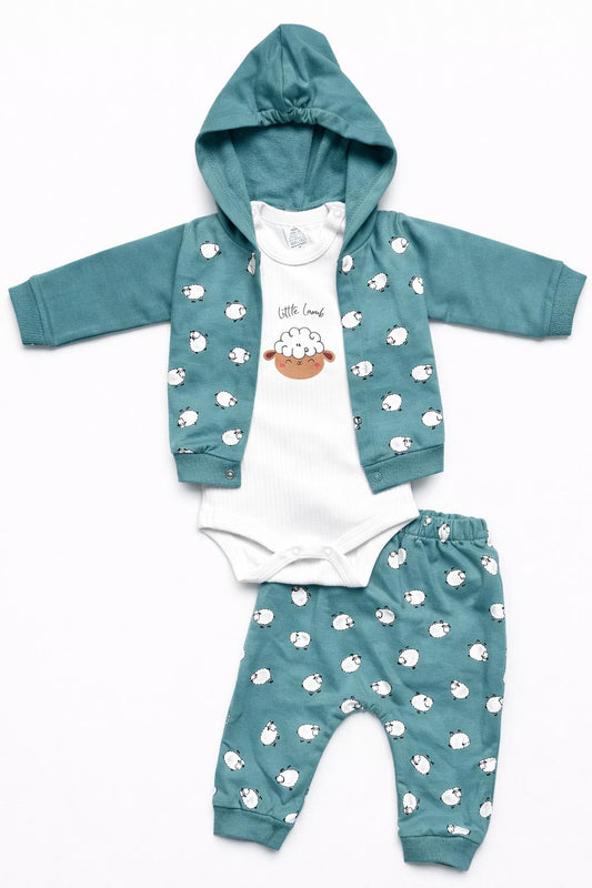 Little Lamb 3-Piece Hooded Baby Outfit Set - Mint