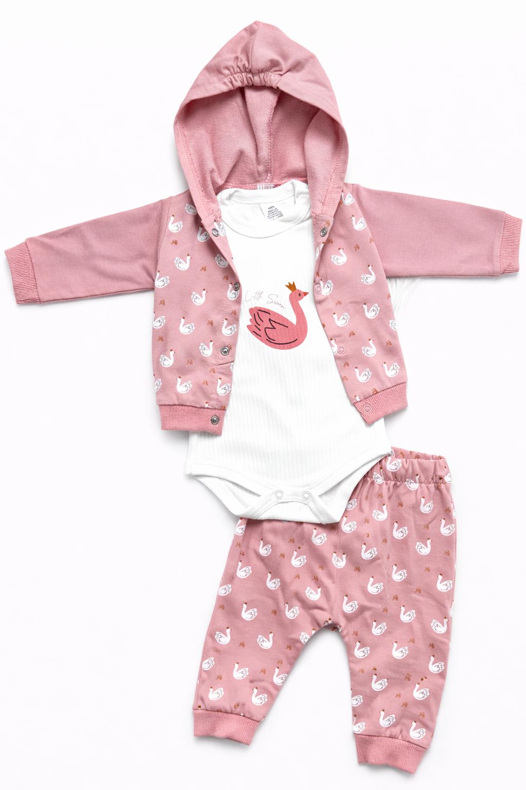 Little Swan Powder Pink 3-Piece Hooded Baby Outfit Set