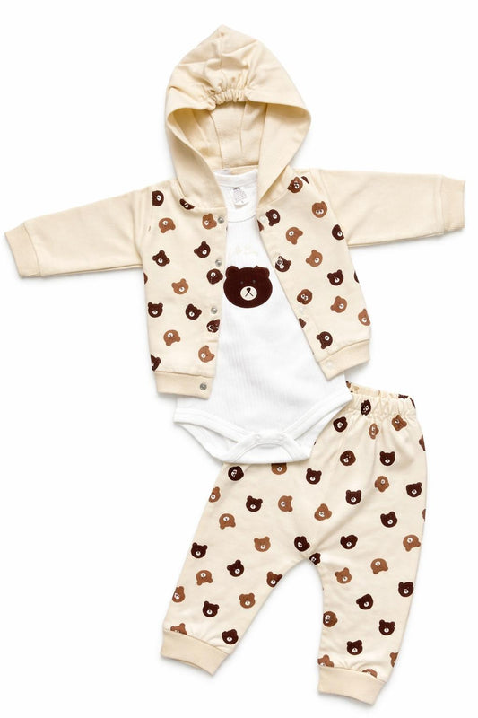 Little Bear 3-Piece Hooded Baby Outfit Set - Cream