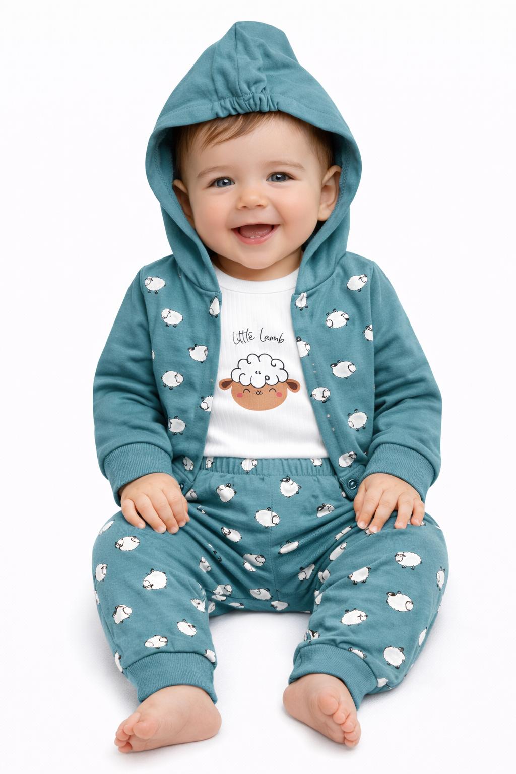 Little Lamb 3-Piece Hooded Baby Outfit Set - Mint