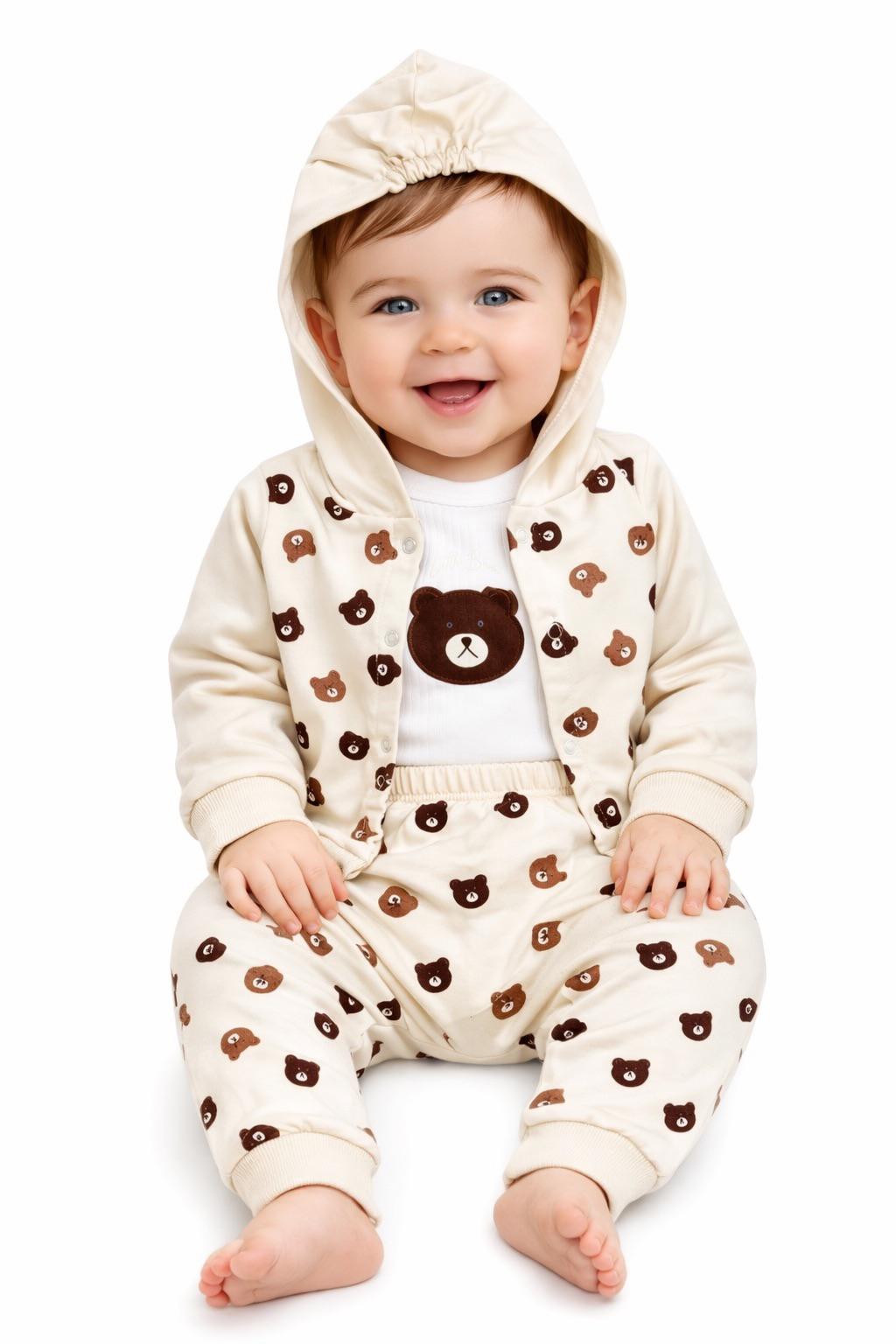 Little Bear 3-Piece Hooded Baby Outfit Set - Cream