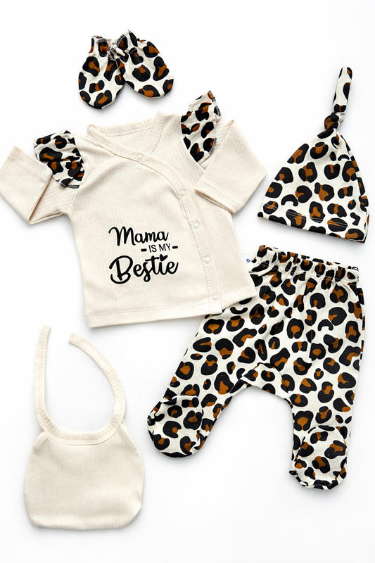 Mama Is My Bestie Leopard Print Newborn 5-Piece Baby Set