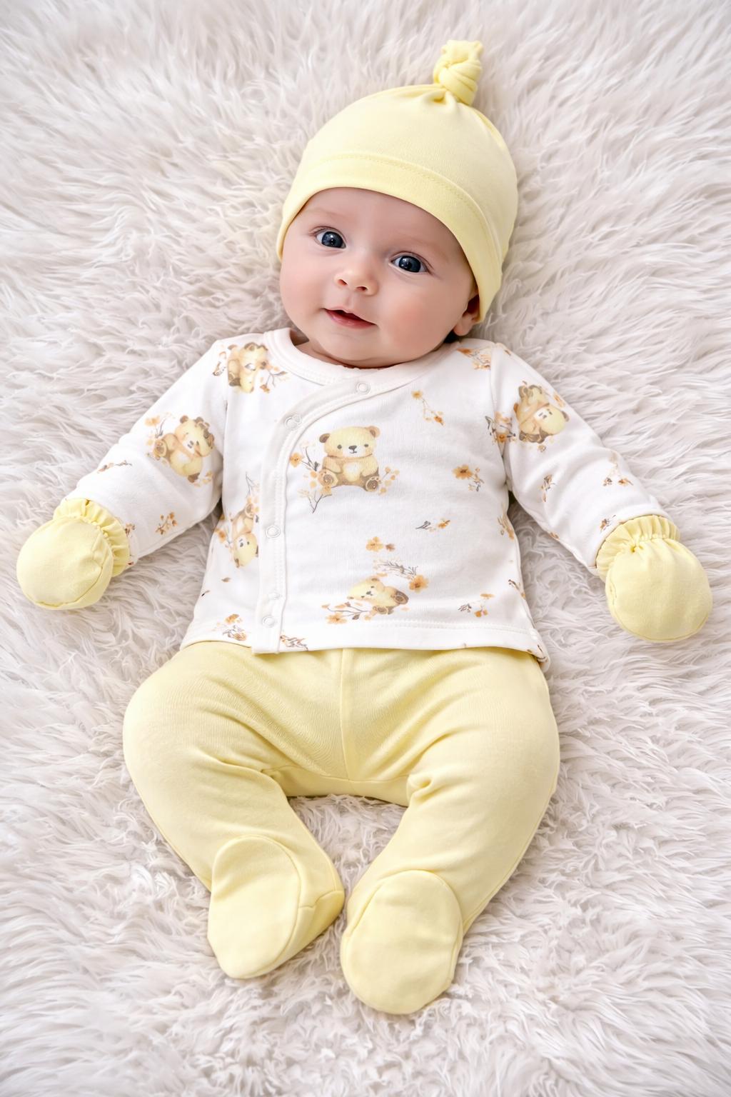 🧸 Yellow Teddy Bear Newborn Set – 5 Pieces