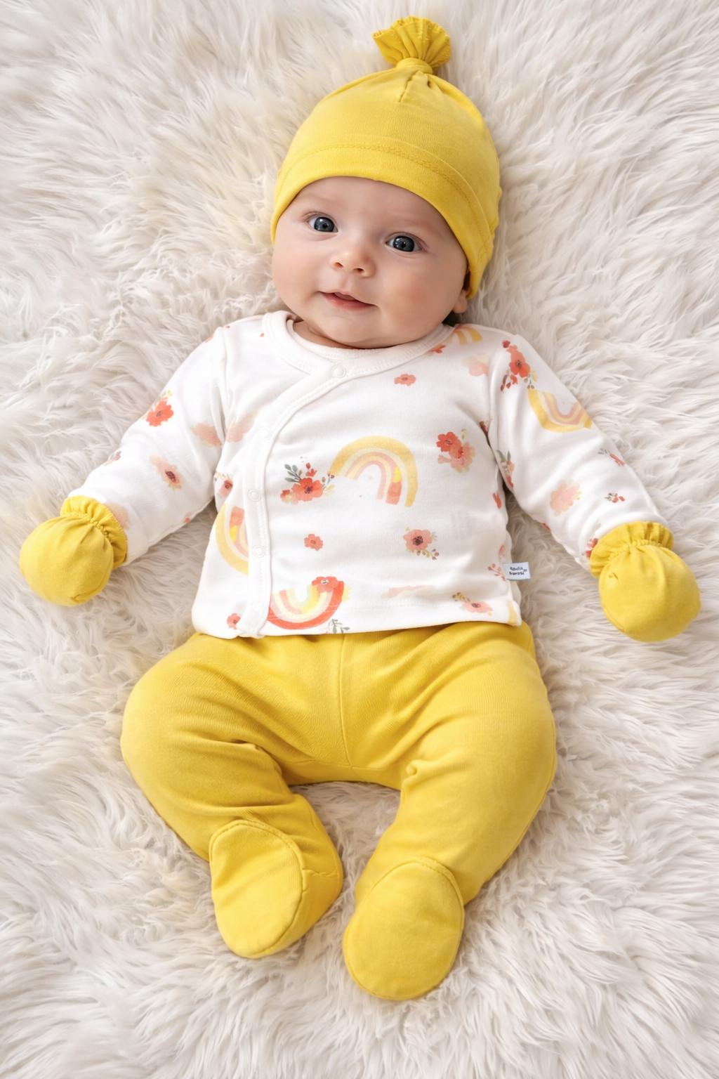 🌈🌼 Mustard Yellow Rainbow & Floral Newborn Set – 5 Pieces