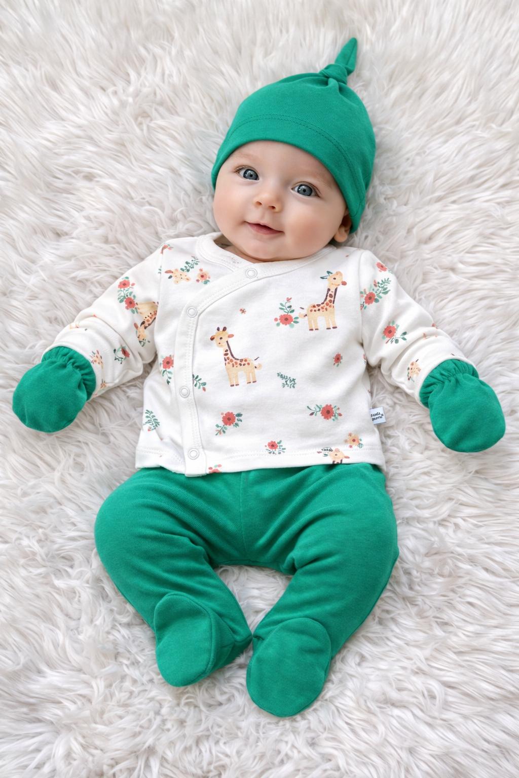 🦒 Natural Green Giraffe Newborn Set – 5 Pieces