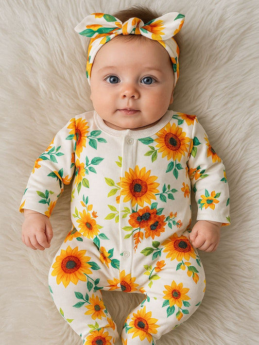 🌻 Sunflower Pattern Newborn Pajama Set