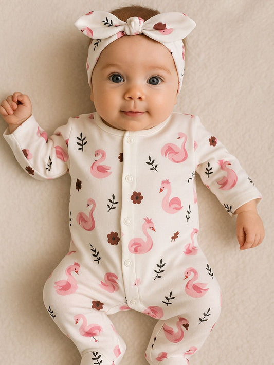 🦢 Baby Girl Newborn Pajamas – Swan Pattern with Headband