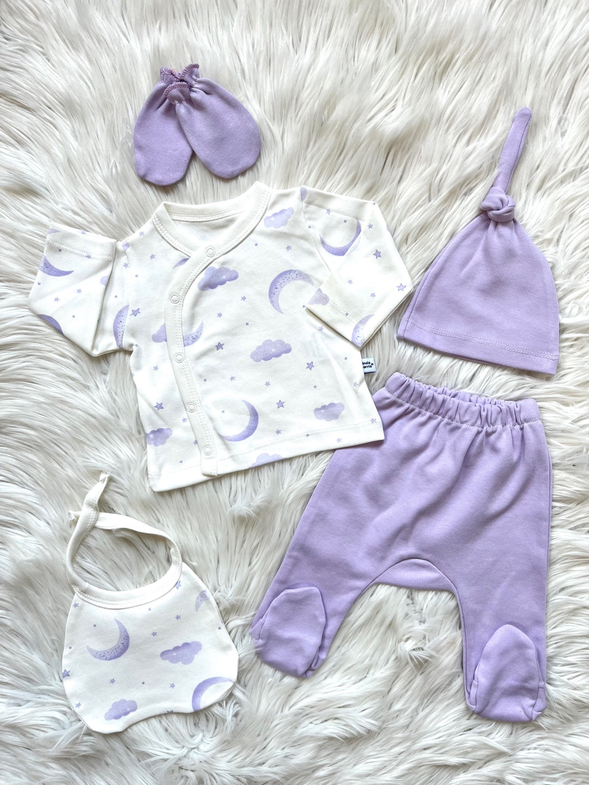 💜🌙 Lavender Moon 5’li Yenidoğan Seti – Ay & Bulut Desenli
