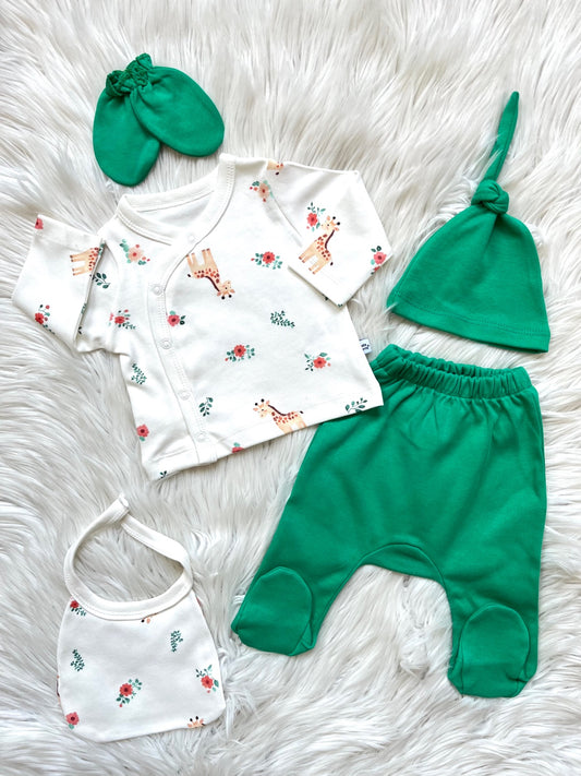 🦒🌿 Zürafa & Çiçek Desenli 5’li Yenidoğan Seti – Üst + Pantolon + Şapka + Eldiven + Önlük