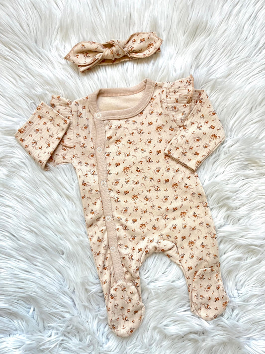 🌼 Çıtır Çiçek Desenli Bej Tulum + Saç Bandı